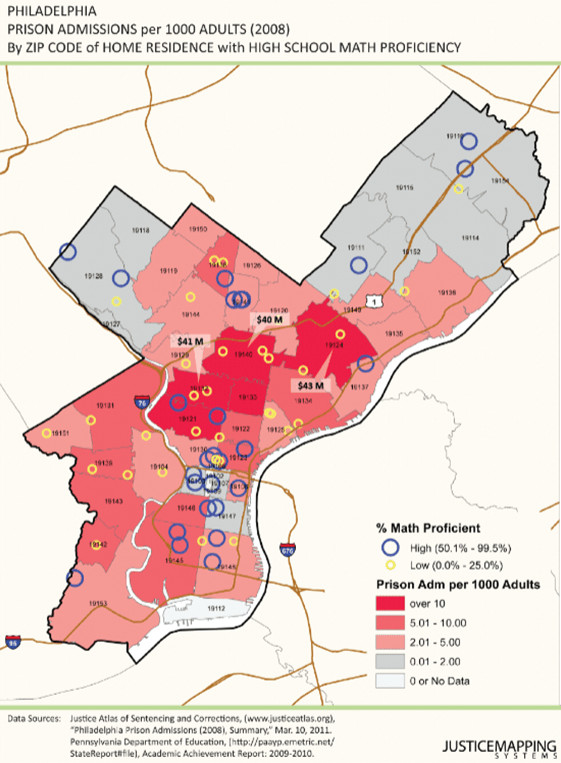 Map of Philadelphia prison admissions per 1,000 adults in 2008 by zip code of home residence with high school math proficiency